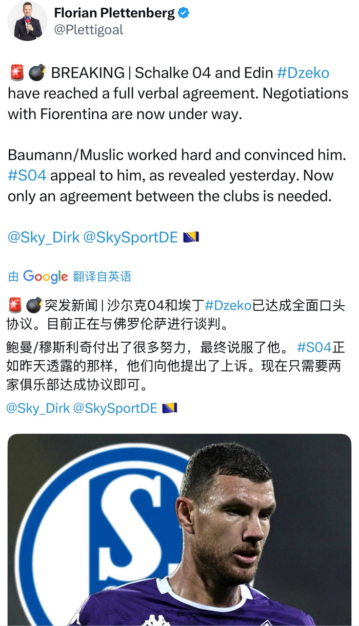 开云平台-沙尔克与哲科达成协议，穆斯里奇鲍曼促成转会|波黑|沙尔克04|佛罗伦萨|穆斯利奇|主帅_新浪体育_新浪新闻